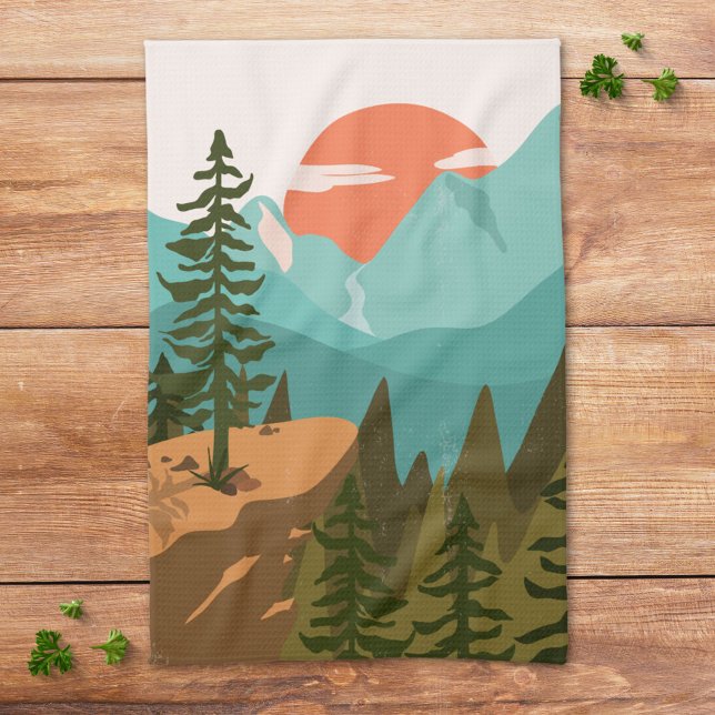 Modern Abstract Forest, Mountains, and Sunrise Kitchen Towel (In siitu)