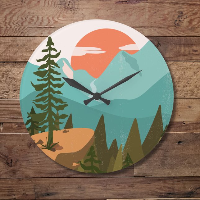 Modern Abstract Forest, Mountains, and Sunrise Large Clock (In situ)