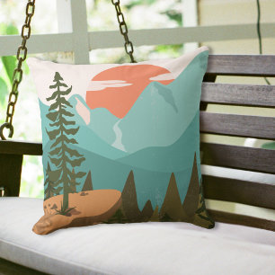Modern Abstract Forest, Mountains, and Sunrise Outdoor Pillow
