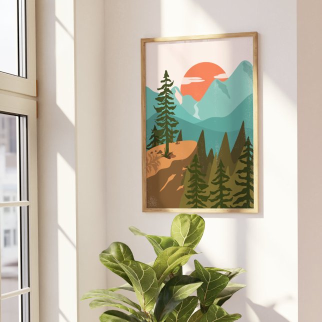 Modern Abstract Forest, Mountains, and Sunrise Poster (In situ Beside the window)