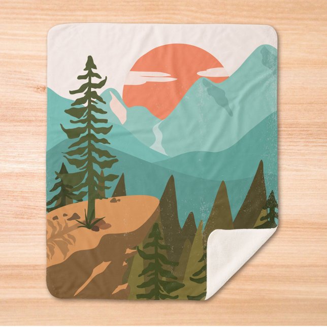 Modern Abstract Forest, Mountains, and Sunrise Sherpa Blanket (In situ)
