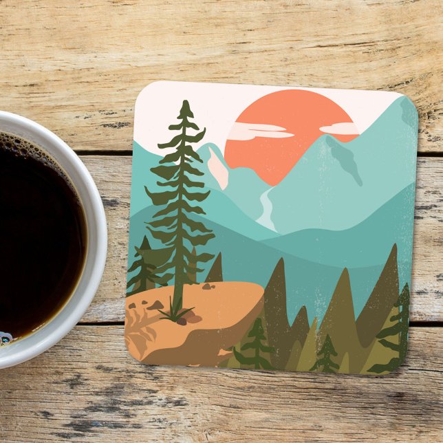 Modern Abstract Forest, Mountains, and Sunrise Square Paper Coaster (In situ)