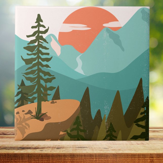 Modern Abstract Forest, Mountains, and Sunrise Tile (Close up)