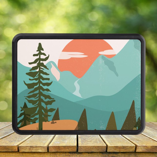 Modern Abstract Forest, Mountains, and Sunrise Trailer Hitch Cover (Close up nature)