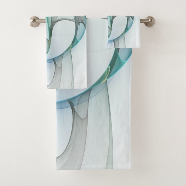 Modern Abstract Fractal Art Blue Turquoise Grey Bath Towel Set (Insitu)