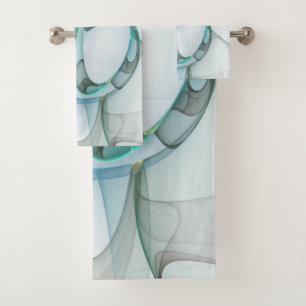 Modern Abstract Fractal Art Blue Turquoise Grey Bath Towel Set