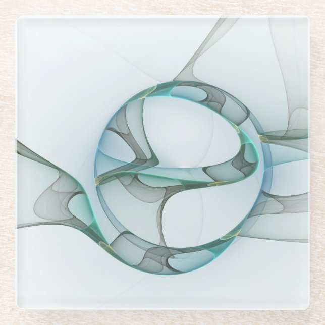 Modern Abstract Fractal Art Blue Turquoise Grey Glass Coaster (Front)