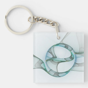 Modern Abstract Fractal Art Blue Turquoise Grey Keychain