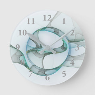 Modern Abstract Fractal Art Blue Turquoise Grey Round Clock