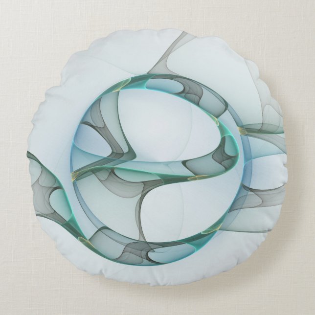 Modern Abstract Fractal Art Blue Turquoise Grey Round Pillow (Front)