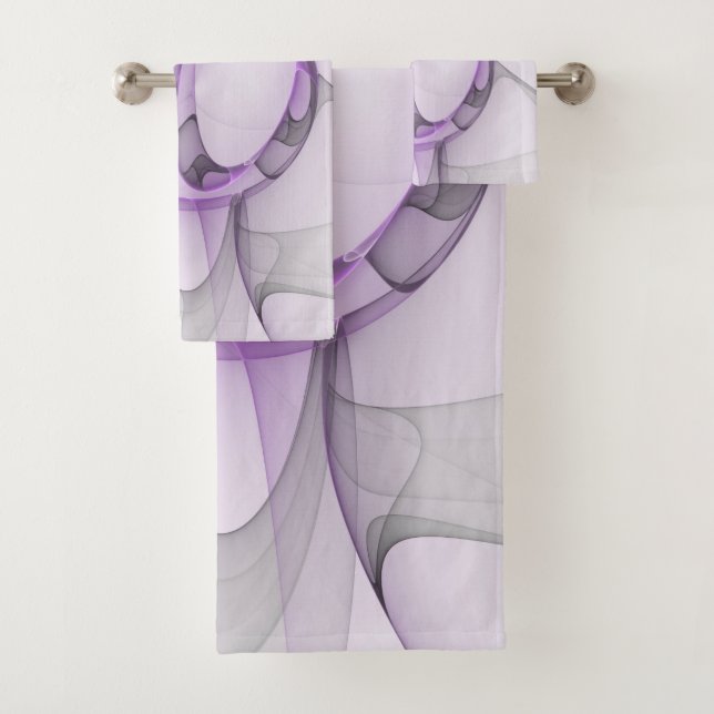 Modern Abstract Fractal Art Lavender Grey Bath Towel Set (Insitu)