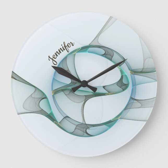 Modern Abstract Fractal Blue Turquoise Grey Name Large Clock (Front)