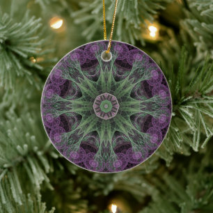 Modern Abstract Fractal Purple and Green Design Ceramic Ornament