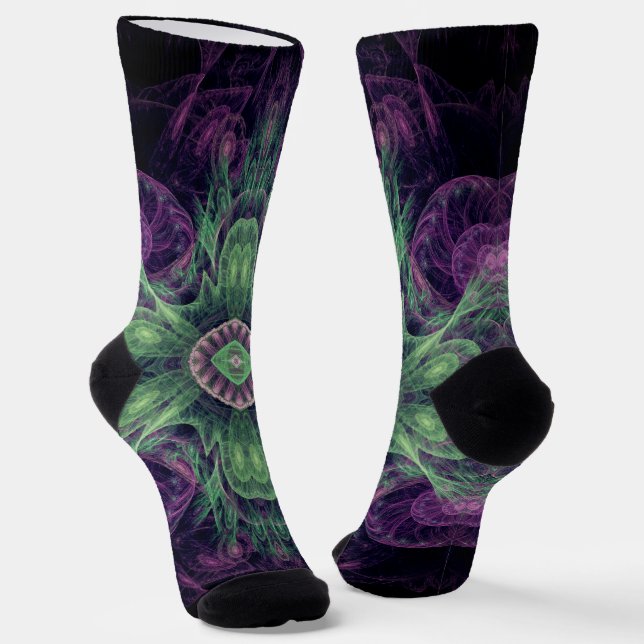 Modern Abstract Fractal Purple and Green Design Socks (Angled)