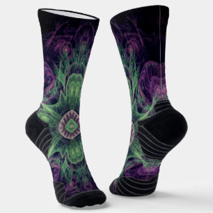 Modern Abstract Fractal Purple and Green Design Socks