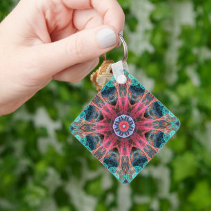 Modern Abstract Fractal Red and Blue Design Keychain