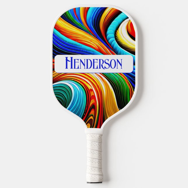 Modern Abstract Fun Rainbow Colour Swirls Monogram Pickleball Paddle (Front)