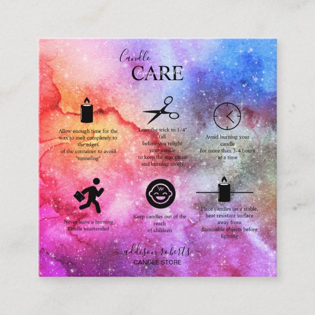 Modern Abstract Galaxy Watercolor Candle Care  Square Business Card (Front)