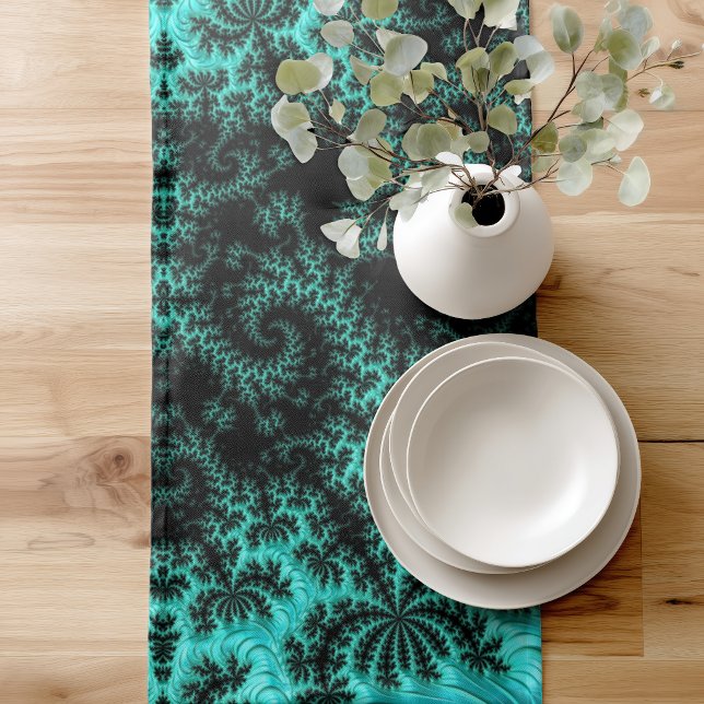 Modern Abstract Geometric Black Green Fractal  Short Table Runner (Creator Uploaded)