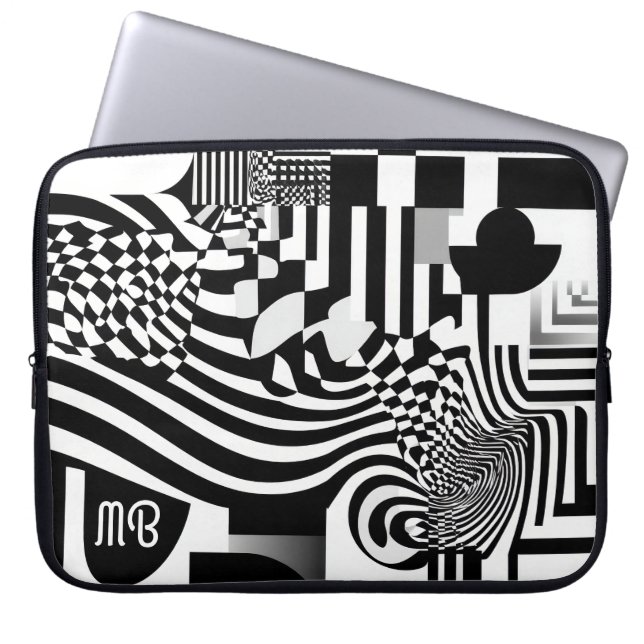 Modern Abstract Geometric Black White Pattern 15" Laptop Sleeve (Front)