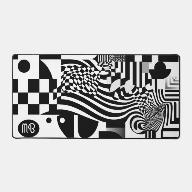 Modern Abstract Geometric Black White Pattern Desk Mat (Front)