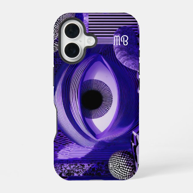 Modern Abstract Geometric Black White Purple Art iPhone 16 Case (Back)