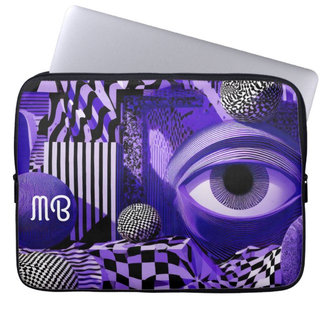 Modern Abstract Geometric Black White Purple Art Laptop Sleeve (Front)