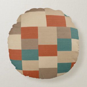 Modern Abstract Geometric Block in Teal & Beige Round Pillow