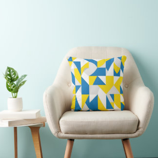Modern Abstract Geometric Blue and Yellow Mosaic Throw Pillow