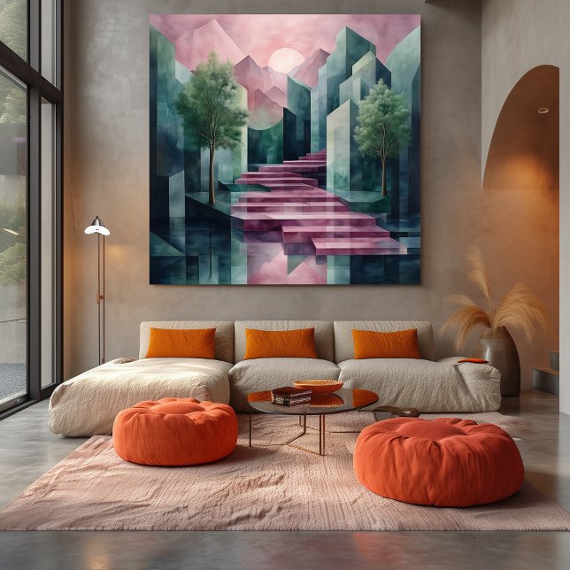 Modern Abstract Geometric Landscape Pink & Green Canvas Print (Creator Uploaded)