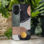 Modern Abstract Geometric Marble Custom Name iPhone 16 Case<br><div class="desc">Modern Abstract Geometric Marble Custom Name iPhone 16 Cases features black,  rose gold and gold watercolor geometric shapes on a grey marble background with stripes and your personalized name in modern white script. Personalize by editing the text in the text box provided. Designed by ©Evco Studio www.zazzle.com/store/evcostudio</div>