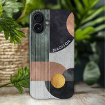 Modern Abstract Geometric Marble Custom Name iPhone 16 Plus Case<br><div class="desc">Modern Abstract Geometric Marble Custom Name iPhone 16 Plus Cases features black,  rose gold and gold watercolor geometric shapes on a grey marble background with stripes and your personalized name in modern white script. Personalize by editing the text in the text box provided. Designed by ©Evco Studio www.zazzle.com/store/evcostudio</div>