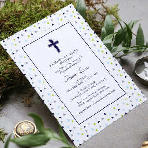 Modern Abstract Geometric Pattern Cross Baptism Invitation