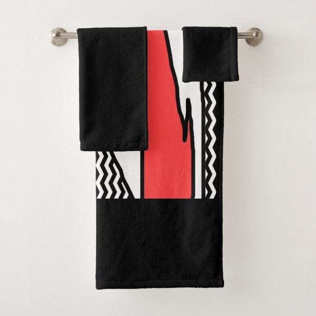 MODERN ABSTRACT GEOMETRIC RED BLACK WHITE BATH TOWEL SET (Insitu)