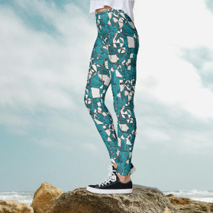 Modern Abstract Geometric Teal Shattered Glass Leggings