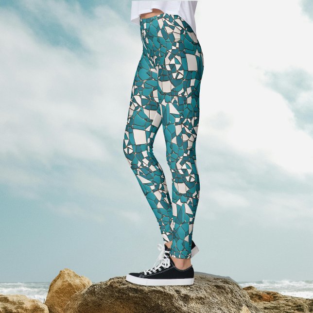 Modern Abstract Geometric Teal Shattered Glass Leggings (Creator Uploaded)