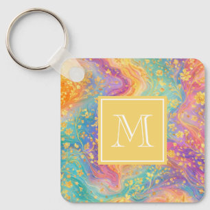Modern Abstract Glitter Floral Monogram Design Keychain
