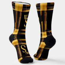 Modern abstract, gold and black plaid monogram
