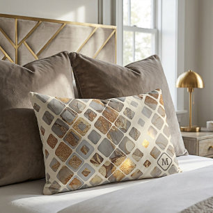 Modern Abstract Gold and Marble Monogram Lumbar Pillow