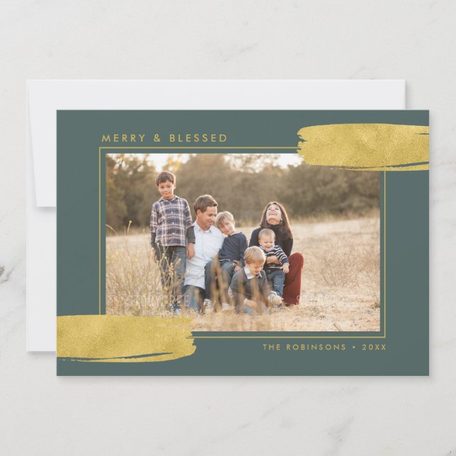 Modern Abstract Gold and Sage Religious Photo Holiday Card (Front)