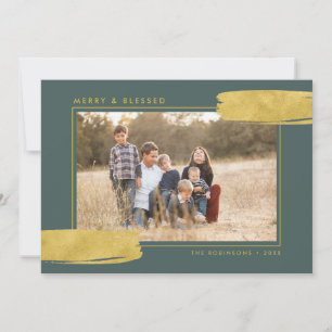 Modern Abstract Gold and Sage Religious Photo Holiday Card