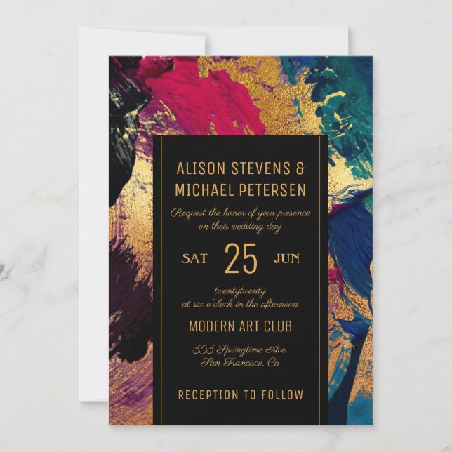 Modern abstract gold black red painting wedding invitation (Front)