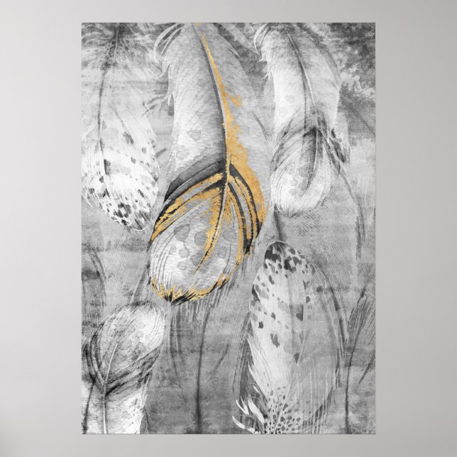 Modern Abstract Gold & Grey Flower Wall Art Poster (Front)