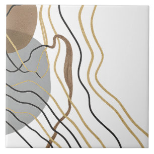 Modern Abstract Gold Line Art Neutral Grey Brown  Tile