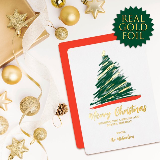Modern Abstract Gold Red Green Tree Christmas Foil Holiday Card (Creator Uploaded)