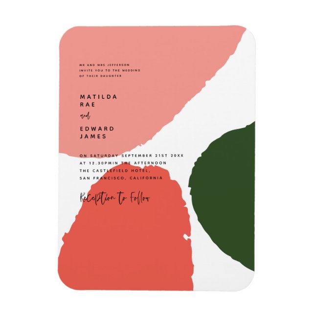 Modern abstract graphic red, pink + green announce magnet (Vertical)