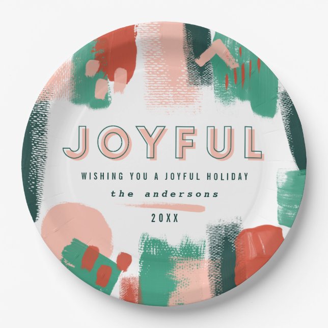Modern abstract graphic red, pink + green joyful paper plate (Front)