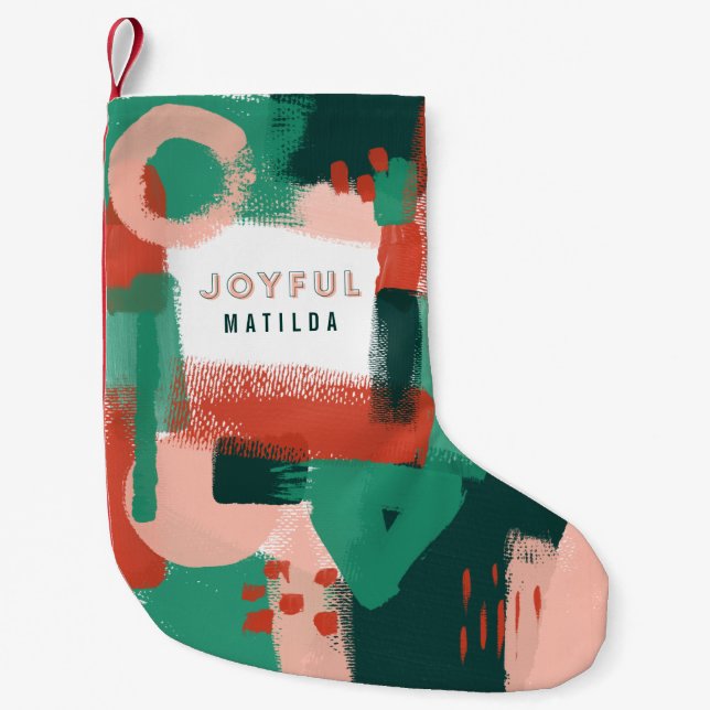 Modern abstract graphic red, pink + green joyful small christmas stocking (Front)