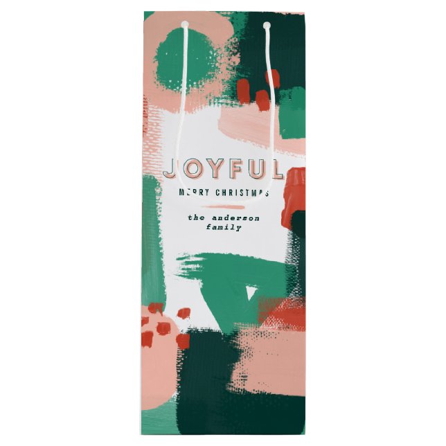 Modern abstract graphic red, pink + green joyful wine gift bag (Front)
