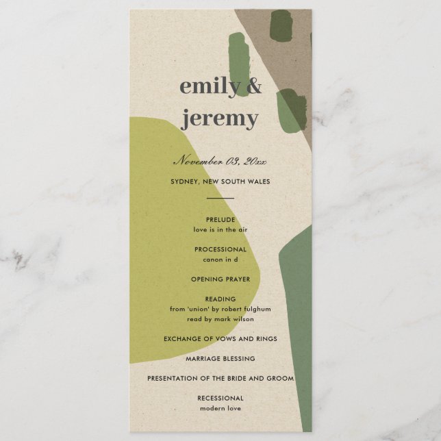 MODERN ABSTRACT GREEN ART WEDDING CEREMONY PROGRAM (Front)